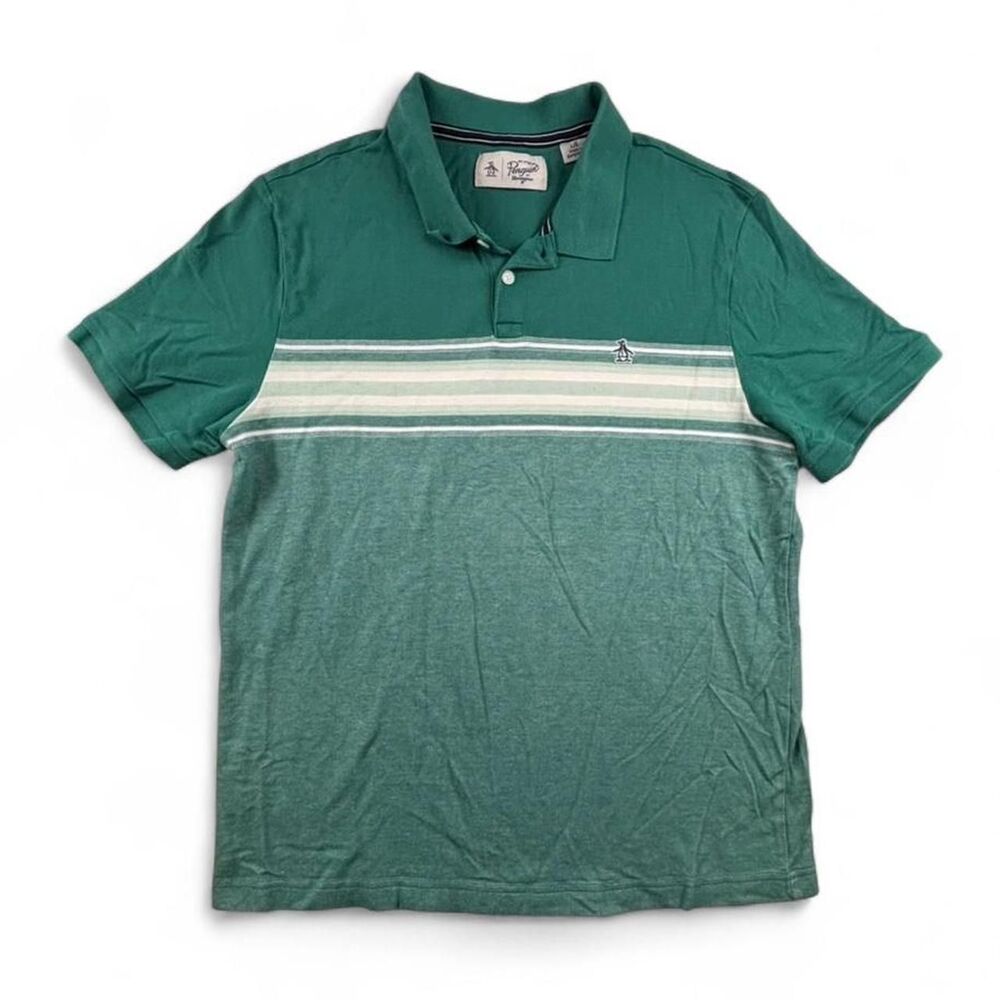 Original Penguin Green Polo Shirt Mens L Striped Preppy Golf Classic Casual